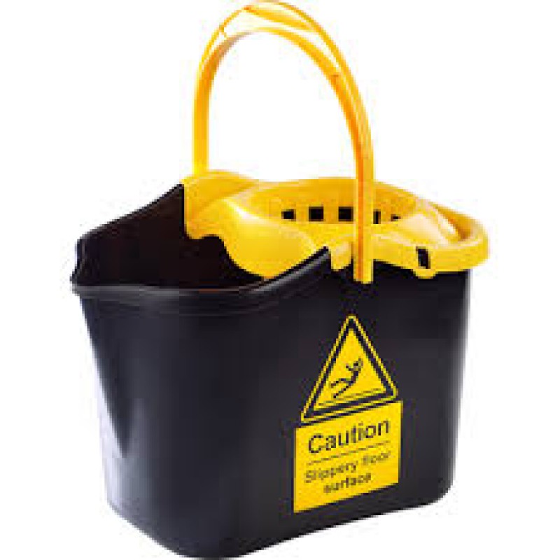 CUBO DE FREGAR NEGRO+ESCURRIDOR AMARILLO CAUTION