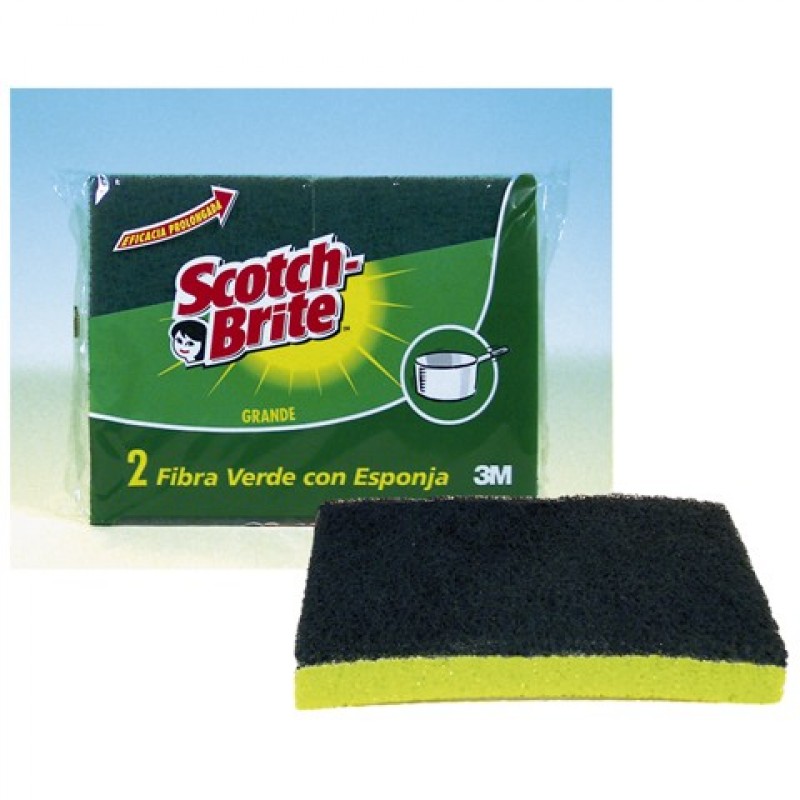 PAQUETE DE 12 ESTROPAJOS FIBRA VERDE CON ESPONJA SCOTCH BRITE DE 3M.