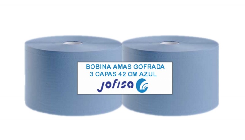 BOBINA INDUSTRIAL 3 CAPAS AZUL GOFRADA (2 ROLLOS)