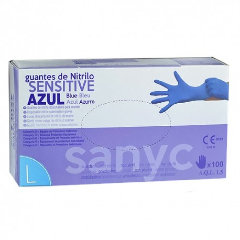 GUANTES DE NITRILO AZUL SENSITIVE SANYC.(PAQUETE DE 100)